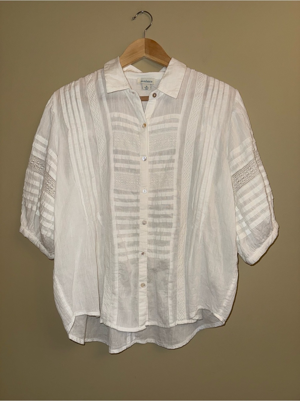 Sundance White Puff 3/4 Sleeves Button Up Top M Eyelet Summer Flowy Cotton Sheer
